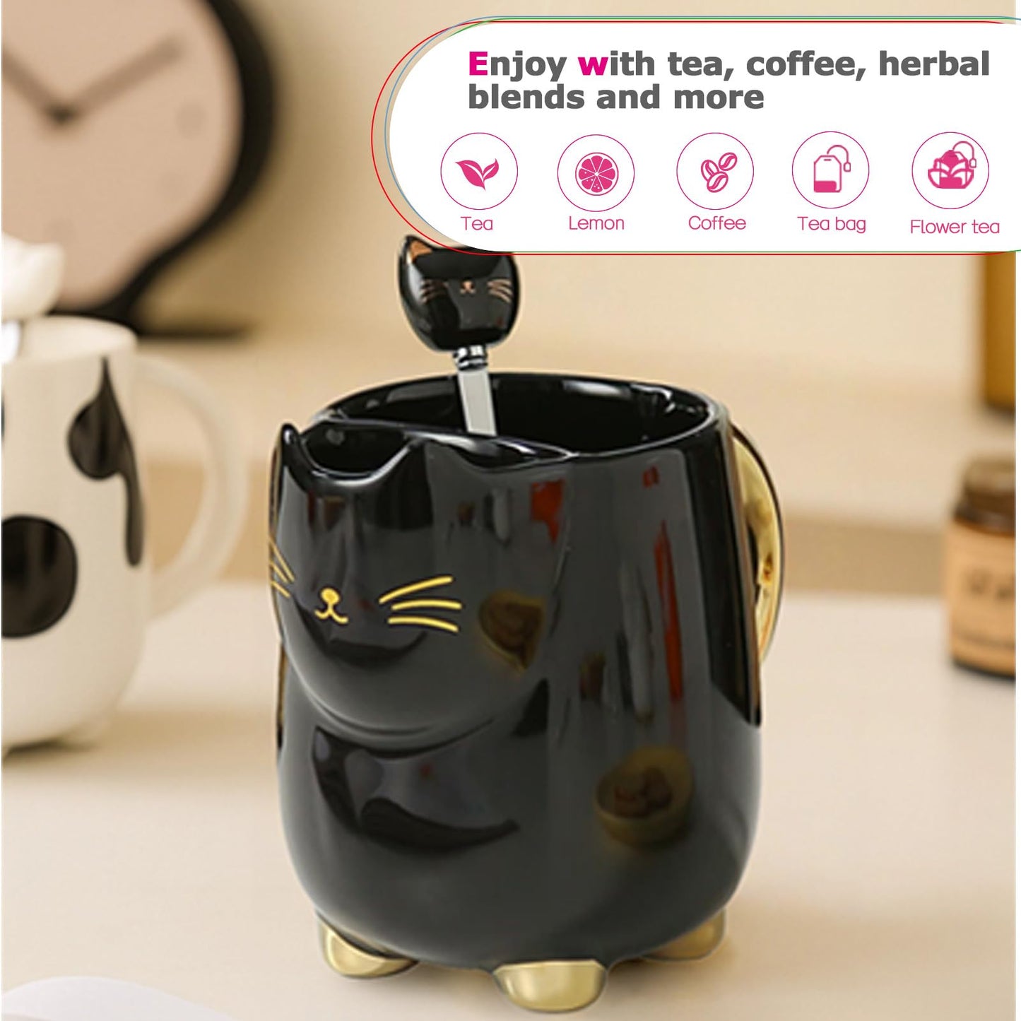 Christmas mugs Ceramic Cat Mug with Tea bag– 17oz Unique Coffee Cup with kitty Expression Design, Fun Gift for Women, Girls, Kids, Cat Lovers (BLACK)