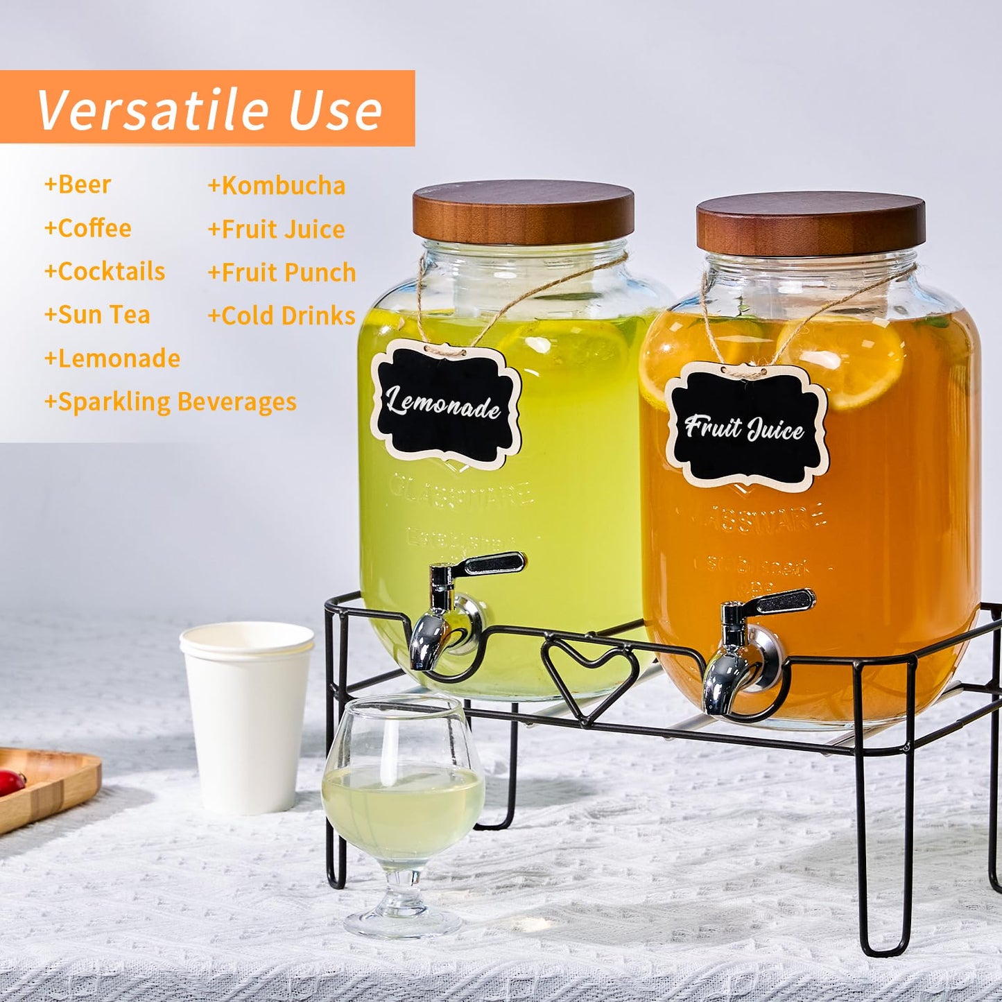 ShoreHao 2 Pack1Gallon Glass Drink Dispenser with Stand&Bamboo Lids&Fruit Infuser,304 Stainless Steel Leak-Proof Spigot,Beverage Dispenser for Parties,Water Sangria Juice Sun Tea Lemonade(Brown)