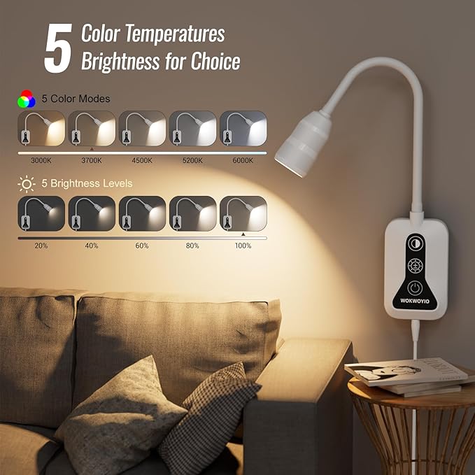 Wall Mounted Reading Light with Hand Sweep Sensor Switch, Book Light for Reading with USB Output, 5 Color & Brightness Dimmable Bedside Light, Wall Lamp with Flexible Neck - White 2 Pack