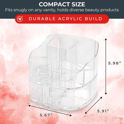 Masirs 360-Degree Rotating Makeup Organizer – Small Acrylic Cosmetic Storage Caddy with 5 Compartments, Mini Lazy Susan Vanity Organizer for Bathroom Counter, Skincare, Perfume, Brushes, Clear