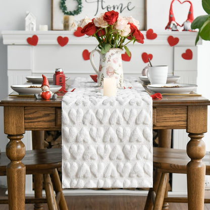 Artoid Mode White Soft Plush Faux Fur Jacquard Heart Valentine's Day Table Runner, Seasonal Kitchen Dining Table Decoration for Home Party Decor 13x72 Inch