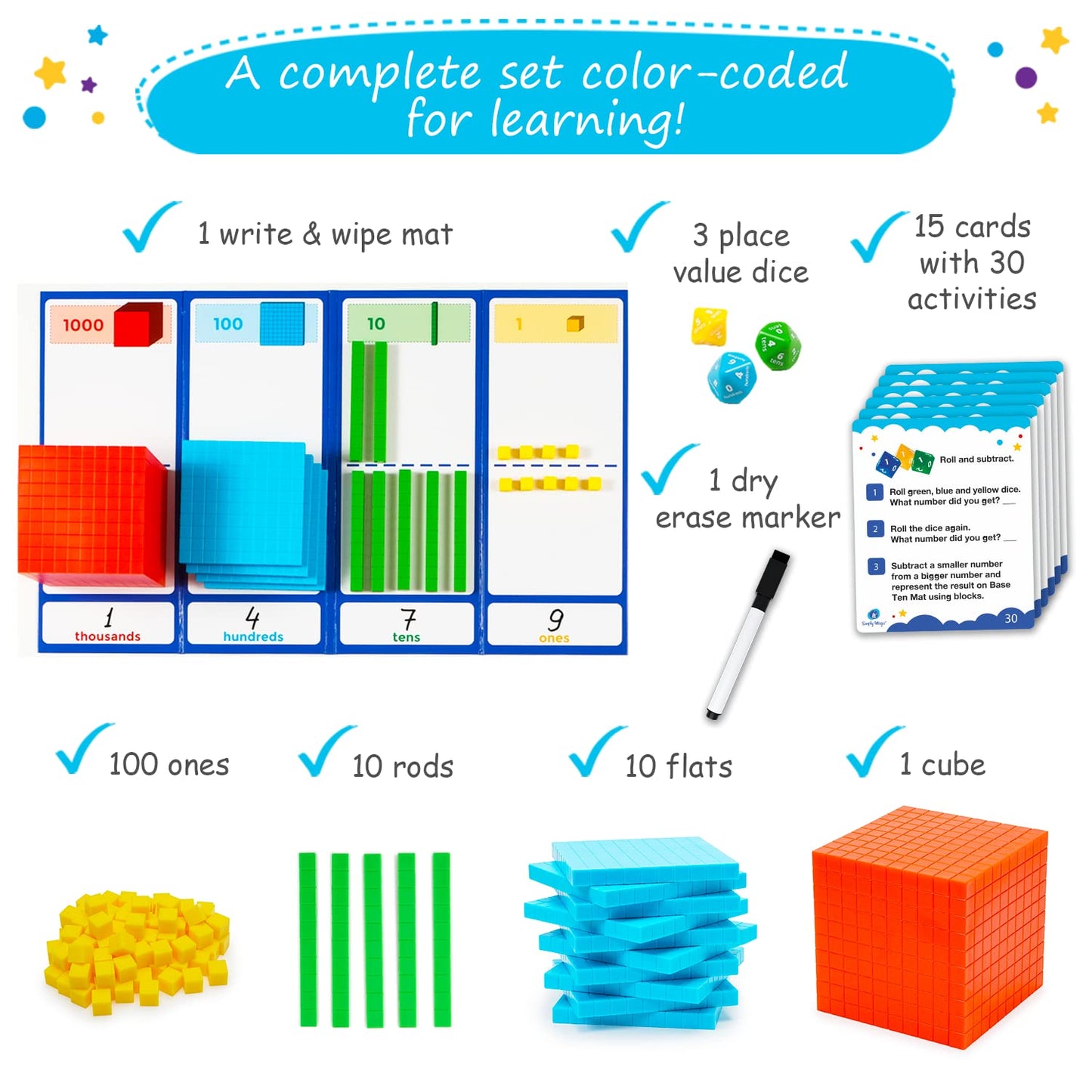 Simply magic 140+1 PCS Colorful Base Ten Blocks & Activities Set - Base Ten Blocks Classroom Set, Base 10 Math Manipulatives, Place Value Blocks Mat, Ones Tens Hundreds Blocks, Math Counters Cubes