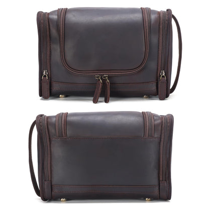 Polare Full Grain Leather Toiletry Bag Travel Dopp Kit Makeup Cosmetic Organizer Shaving Kit Wash Case with Hanging Hook