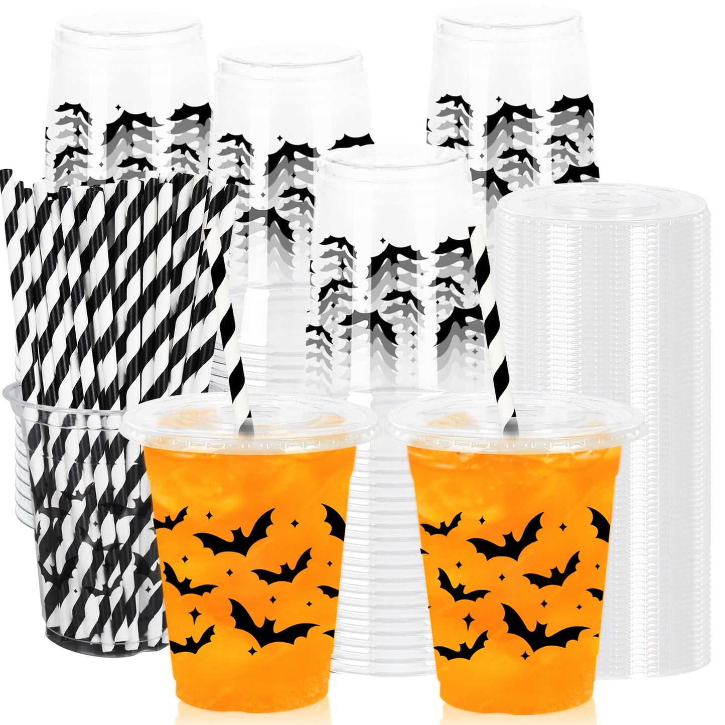 Whaline 50Pcs 12Oz Halloween Plastic Cups with Lids & Straws Black Bat Disposable Clear Drinking Cups for Home Party Supplies