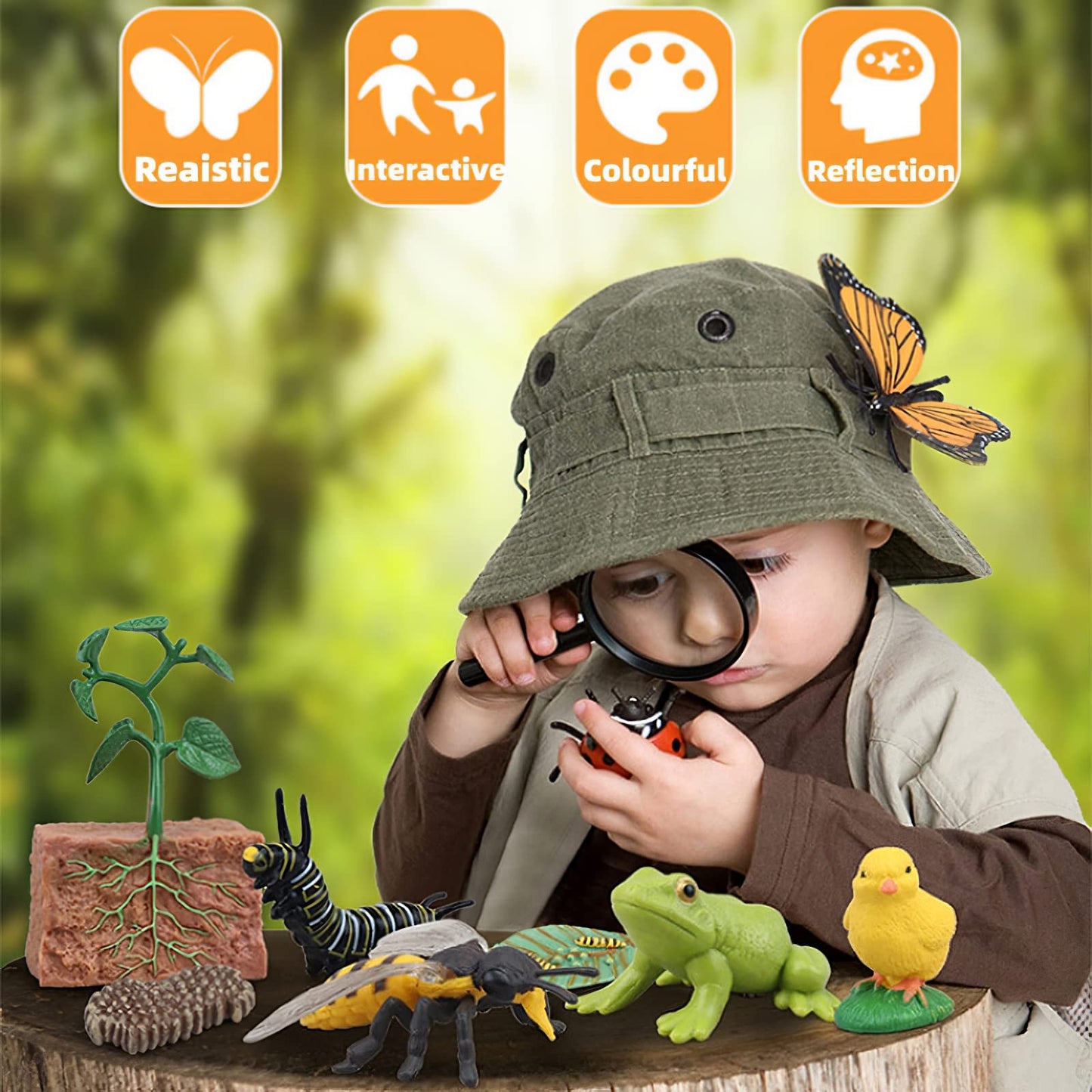 MIKNEKE Montessori Life Cycle Animal Figures with Flash Cards, Plastic Insects Monarch Butterfly Kit Caterpillar Toy for Kids, Realistic Animal Figurines (Butterfly)