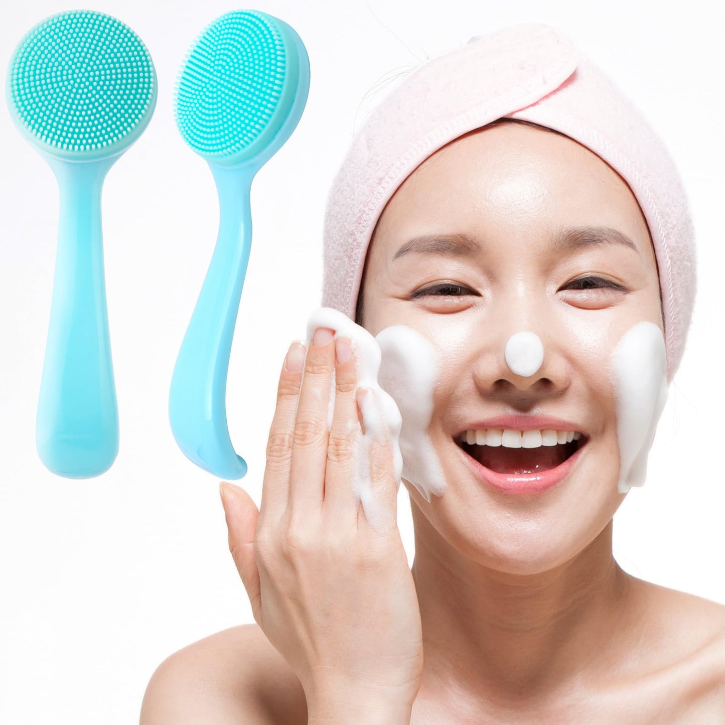 2 Pack Silicone Manual Facial Cleansing Brush, Skin Friendly Waterproof Face Cleaning Scrubber Exfoliator Cleanser for Blackheads Whiteheads Makeup Residues Removal- Blue & Pink