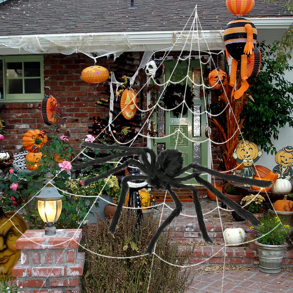 Giant Hairy Spider with Triangle Huge Spider Web for Indoor Outdoor Halloween Decoration Yard Lawn Home Party Haunted House Decor
