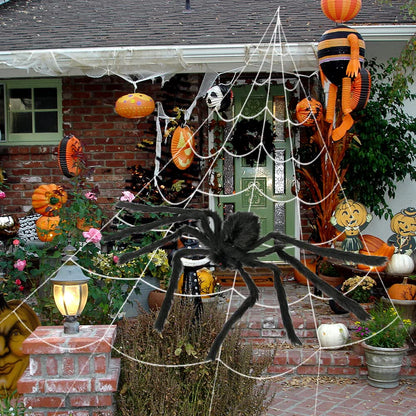 Giant Hairy Spider with Triangle Huge Spider Web for Indoor Outdoor Halloween Decoration Yard Lawn Home Party Haunted House Decor