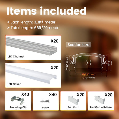 Muzata 20Pack 3.3FT/1M LED Channel Aluminum U Shape Silver LED Strip Diffuser Channel with Milky White Cover Easy Installation U1SW WW 1M
