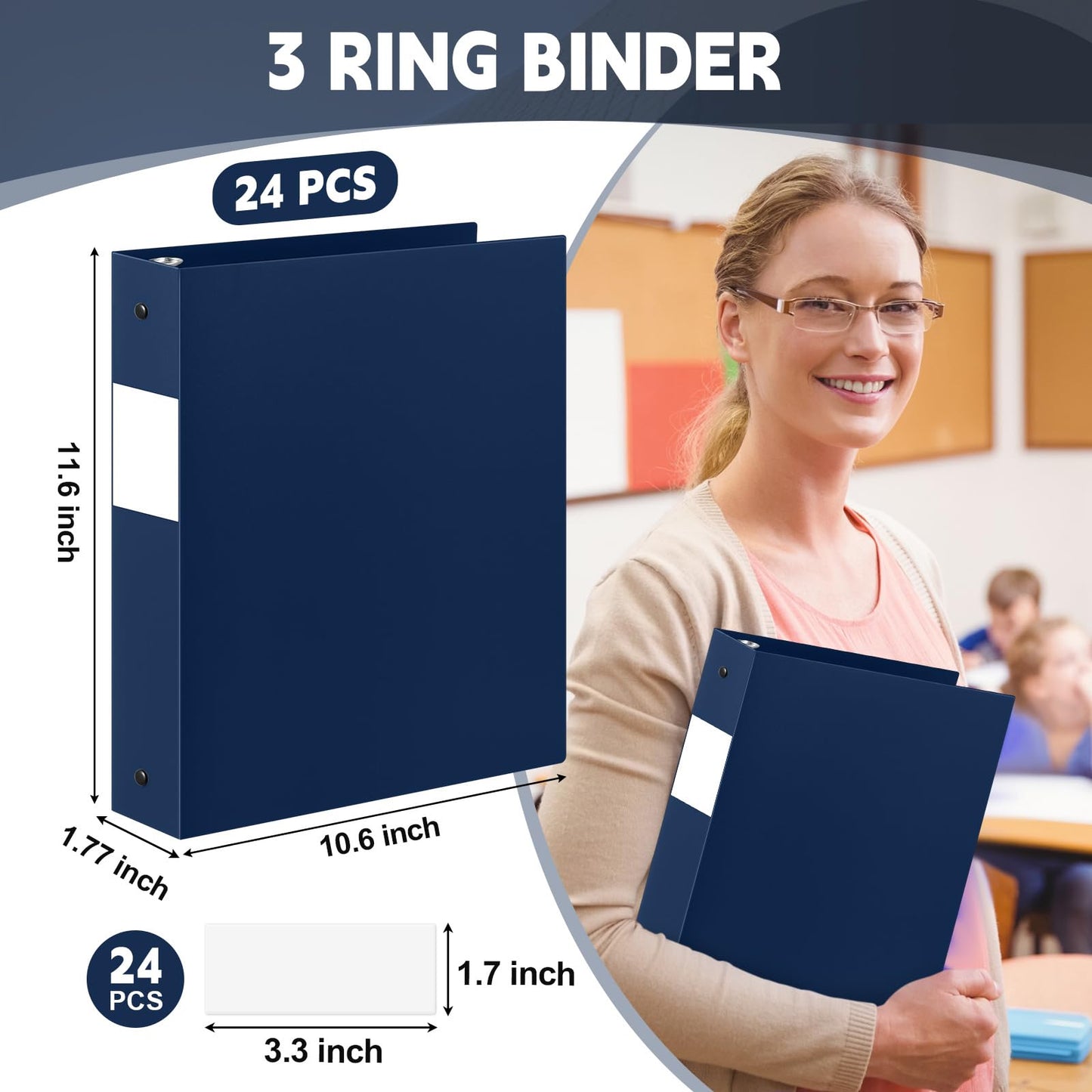 Henoyso 24 Pcs Navy Blue 1.5" 3 Ring Plastic Binder Bulk, 1 1/2 Inch Soft Flexible Binders Round Rings, Fits Letter Size 8.5'' x 11'' Paper, Holds 350 Sheets, for School Office (1.5 Inch)