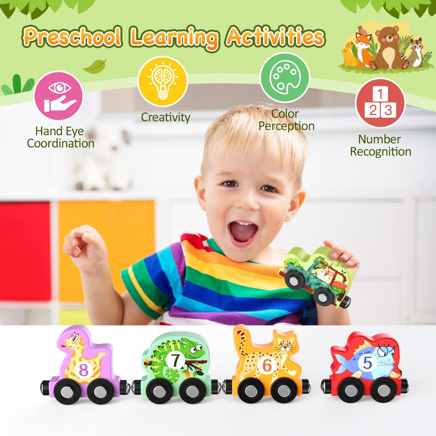 Zeoddler Toys for Toddlers, 11 Magnetic Wooden Animals Train Set, Montessori Toys for Toddlers, Learning Activities, Sensory Activities for Kids, Birthday Gifts for Boys, Girls