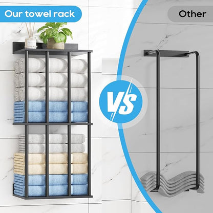 Towel Racks for Bathroom Wall Mounted, Updated 4 Bar Wall Towel Holder | Large Bathroom Towel Storage Rack for Rolled Towels, Modern Metal Towel Organizer Shelf with Wooden Storage Shelf