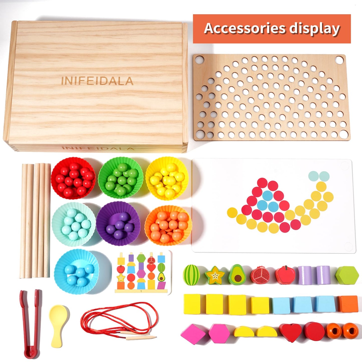 INIFEIDALA Montessori Toys for 3 4 5 Year Old,Stacking Blocks,Lacing Beads & Shape Stacker,Wooden Beads Sequencing Toy Set,Fine Motor Skills & STEM Preschool Learning Gifts for Toddlers Boys & Girls