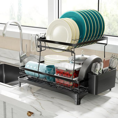 Simple Trending Dish Rack, Stainless Steel Dish Drying Rack for Kitchen Counter, Large Capacity 2-Tier Dish Drainer Organizer with Utensil Holder, Black