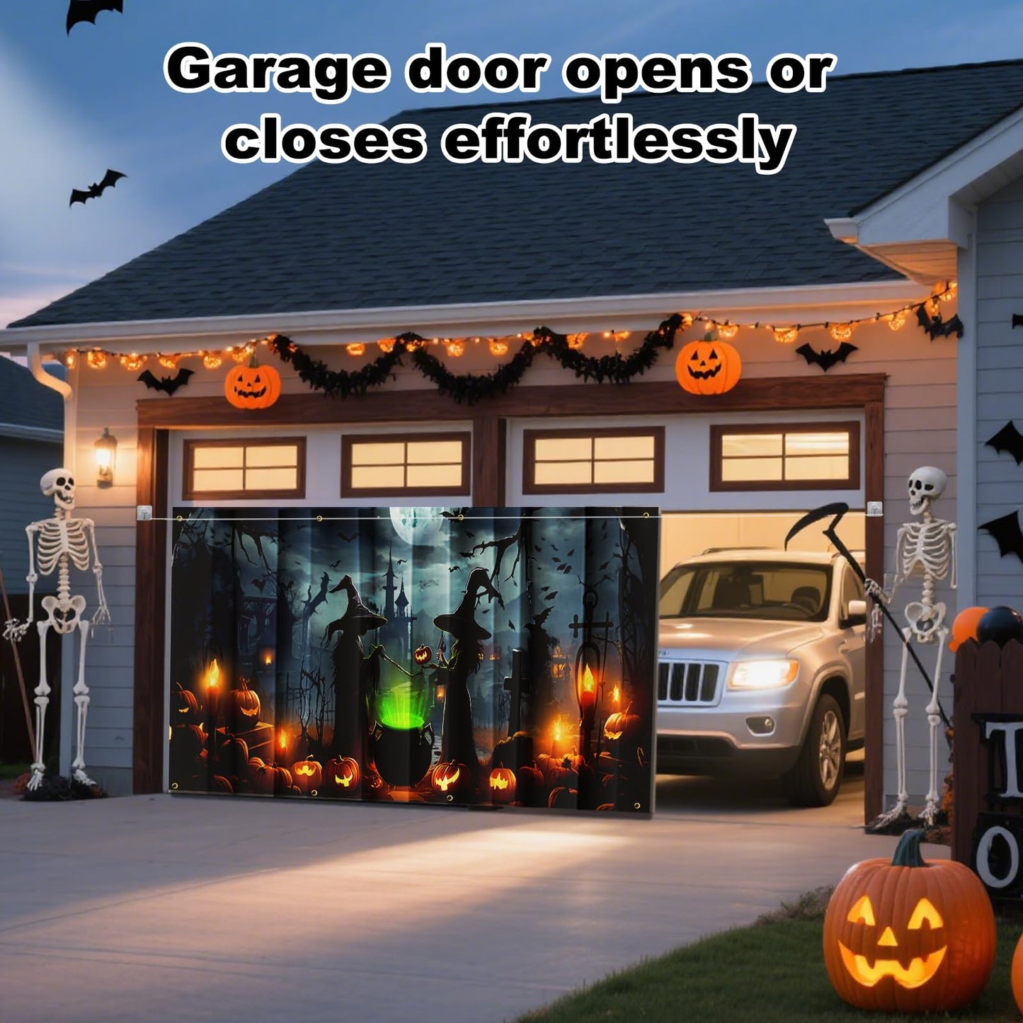 Lighted Witch Halloween Garage Door Decorations Banner - 7 x 16 ft Halloween Garage Door Cover with LED Light Strap, Large Hanging Backdrop for Home Outdoor Spooky Party Yard Decor