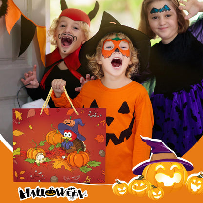 Briurdo Large Orange Happy Halloween Bag 11.8" Trick or Treat Gift Bag with Tissue Paper Greeting Card Night Pumpkin Turkey Paper Treat Bag Goodie Bags for Kids Halloween Thanksgiving Party Decorations Supplies