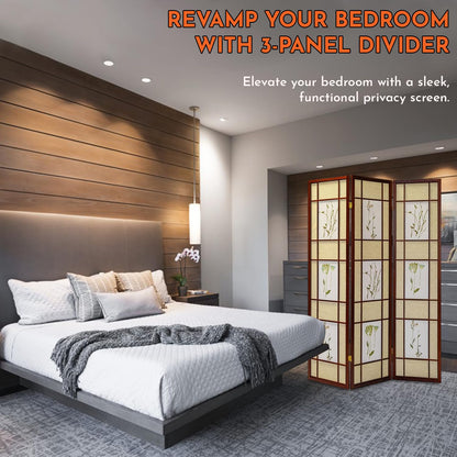 Legacy Decor Room Divider Screen - Freestanding Folding Privacy Screen, Pine Wood Indoor Room Partition, Botanical Floral Wall Divider for Bedroom, Office, Studio, 71 Inch Tall, Cherry - 4-Panel