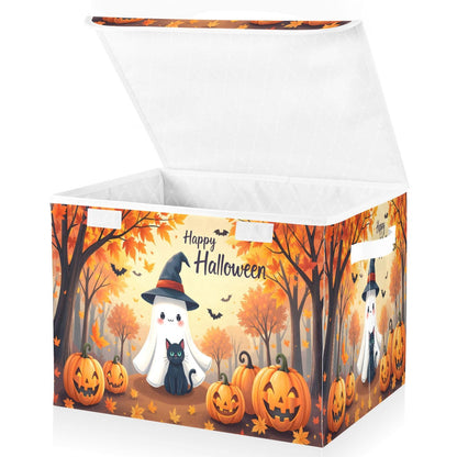 Bolaz Storage Bins with Lids and Handles,Maple Leaves Ghost Pumpkin Storage Box Basket with Cover Collapsible Organizer Containers for Home Closet, Shelves