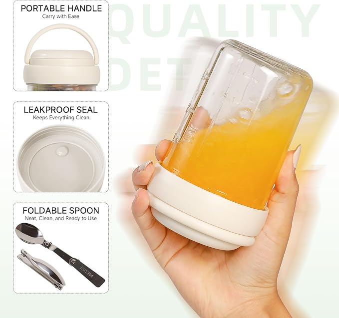 Overnight Oats Containers with Handles & Lids – 16oz Glass Mason Jars with Spoons & Fruit Compartments, Meal Prep Breakfast Jars, 2 Sets (Cream, Pink)