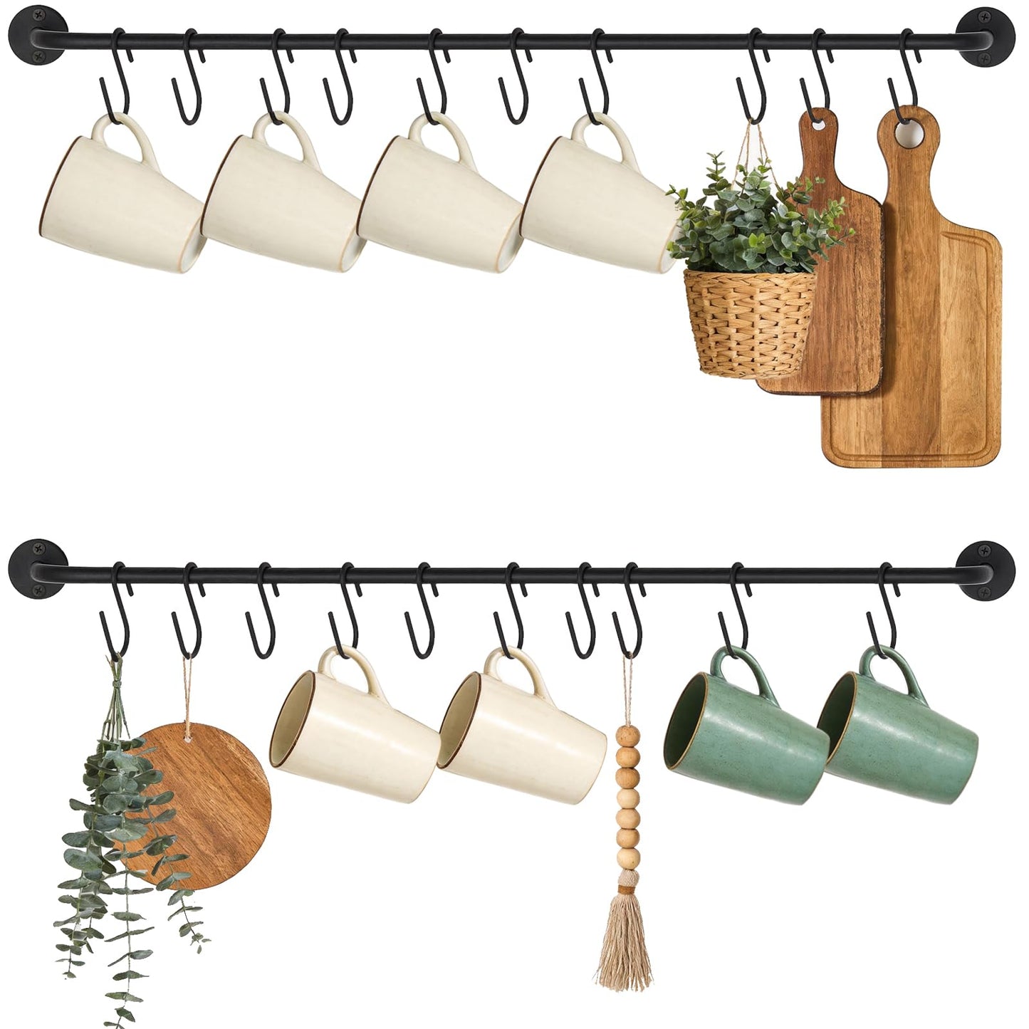 Mkono Mug Holder Wall Mounted Coffee Cup Rack Hanger Modern Metal with 20 Mug Hooks Rustic Utensil Tea Cups Storage Organizer for Kitchen Dining Room Coffee Bar, Set of 2, Black