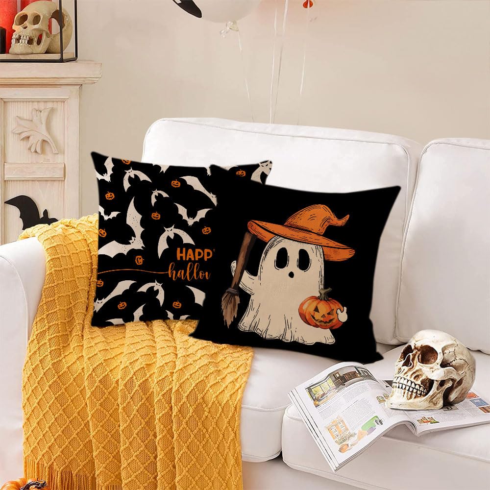 Halloween Pillow Covers 16x16 Set of 4 Ghost Pumpkin Decorative Throw Pillows Cover Black Spider Webs Pillow Cases Home Outdoor Sofa Couch Cushion Covers for Halloween Decorations (16 by 16)