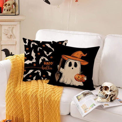 Halloween Pillow Covers 16x16 Set of 4 Ghost Pumpkin Decorative Throw Pillows Cover Black Spider Webs Pillow Cases Home Outdoor Sofa Couch Cushion Covers for Halloween Decorations (16 by 16)