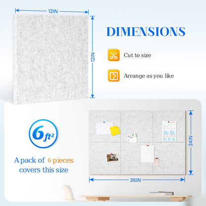 DOLLAR BOSS Felt Cork Board Tiles, 6 Packs 12" x 12" 1/2" Thick Cork Bulletin Board Self Adhesive Corkboards for Walls with 60 Pushpins for Home Office Kitchen School Decor Display, Light Grey