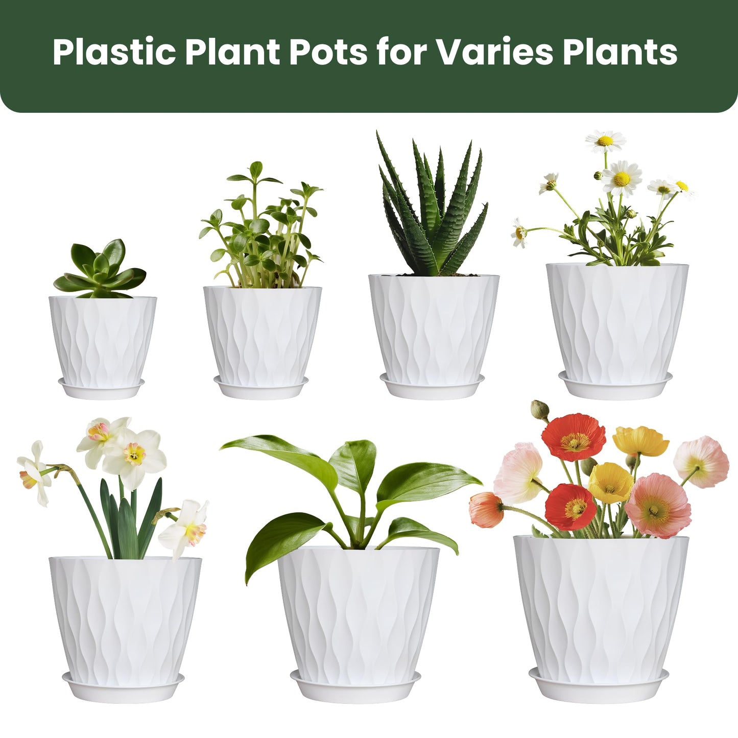 LESOASIS Flower Pots, 7/6.5/6/5.5/5/4.5/4 inch Plastic Plant Pots, 7 Pack Planter for Indoor Outdoor Plants, Nursery Planting Pot with Drainage Holes and Trays (White)