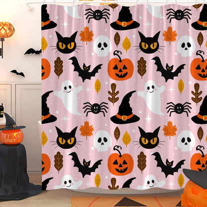 JOFKAXU Pink Halloween Shower Curtain Cute Ghost Pumpkin Spooky Black Cat Scary Skull Horror Bat Magic Witch Hat Gothic Spider Web Bath Curtain with Hooks