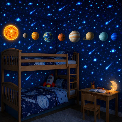 Glow in The Dark Stars and Planets, Bright Solar System Wall Stickers -Glowing Ceiling Decals for Kids Bedroom Any Room,Shining Space Decoration, Birthday Christmas Gift for Boys and Girls (Blue)