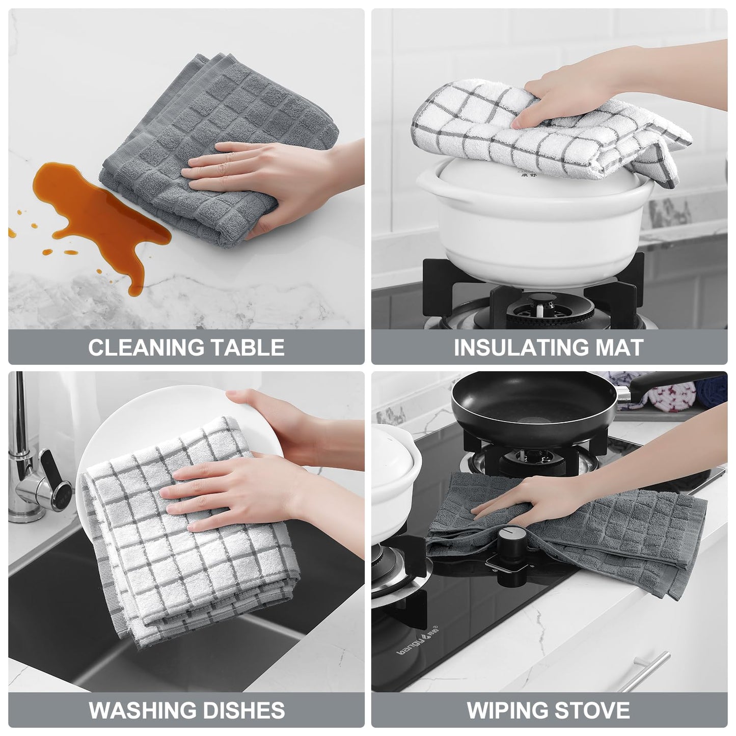 Homaxy Premium Cotton Kitchen Towels 16"x 28", Large Natural Ring Spun 390 GSM Dish Towels, Super Absorbent Terry Kitchen Hand Towels, Soft Tea Towels with Hanging Loop, Grey Check Design, 6 Pack