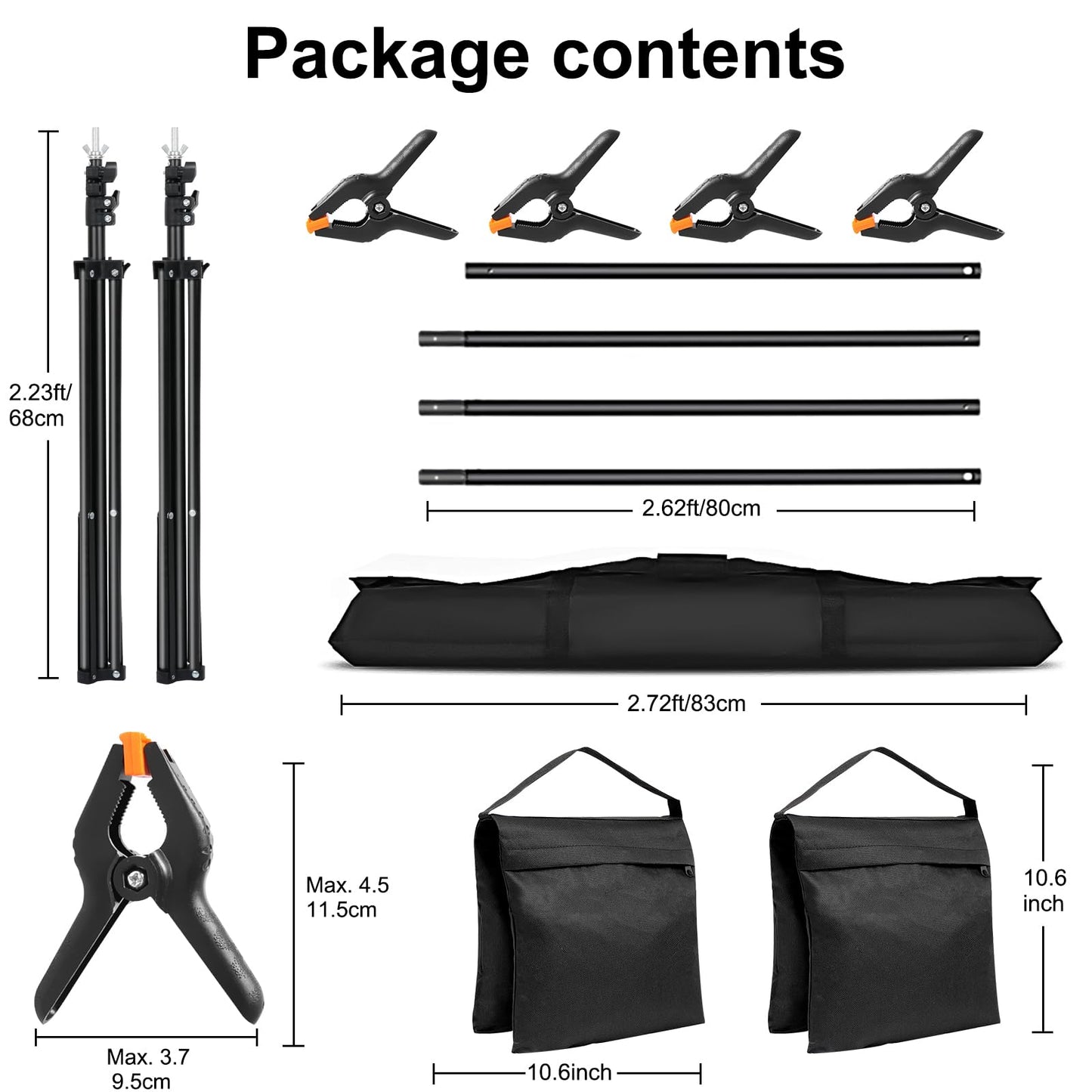10x7ft Adjustable Photography Backdrop Stand Kit – Photo Studio Background Support with 4 Crossbars, 4 Clamps, 2 Sandbags (with 10 * 7 Feet Black Backdrop Curtain)