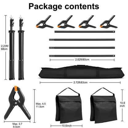 10x7ft Adjustable Photography Backdrop Stand Kit – Photo Studio Background Support with 4 Crossbars, 4 Clamps, 2 Sandbags (with 10 * 7 Feet Black Backdrop Curtain)