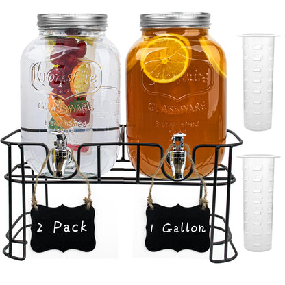 Galssmagic 1 Gallon Drink Dispenser with Stand,2 Pack Beverage Dispenser with Stand,Glass Water Juice Dispensers Punch Bowl for Parties