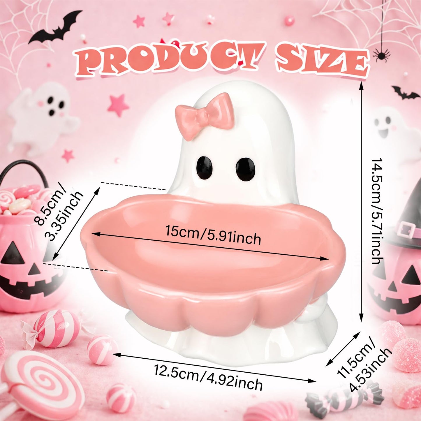 Reallnaive Halloween Candy Bowl Pink Bow Ghost Shaped Ceramic Candy Dish Ghost Serving Tray Cute Halloween Tabletop Decoration Cookie Jar for Party Supply