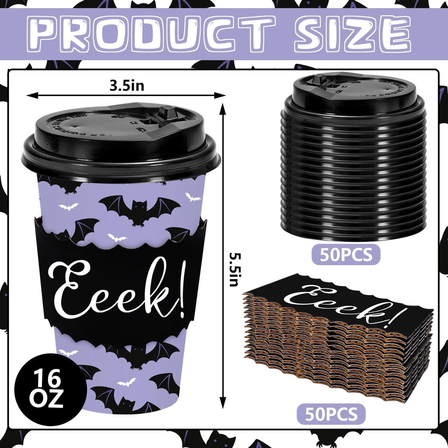 JarThenaAMCS 50 Set Halloween Disposable Coffee Cups with Lids Sleeves Purple Black Bat Drinking Cup Spooky Paper Cup for Halloween Party Supplies