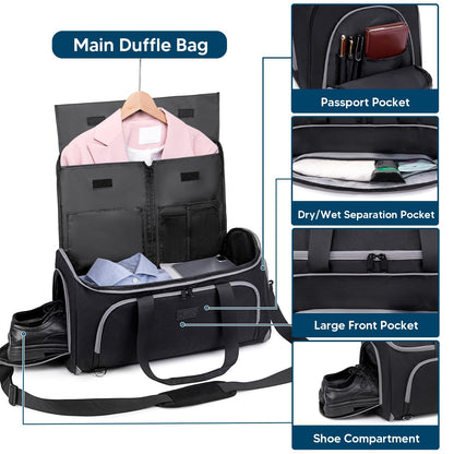 Vessgra Convertible Garment Bags for Travel, 4 in 1 Duffle Bag for Travel 58L Capacity Carry on Garment Bag with Shoes Compartment Travel Garment Bag with Shoulder Straps Suit Bag for Men Women,Black