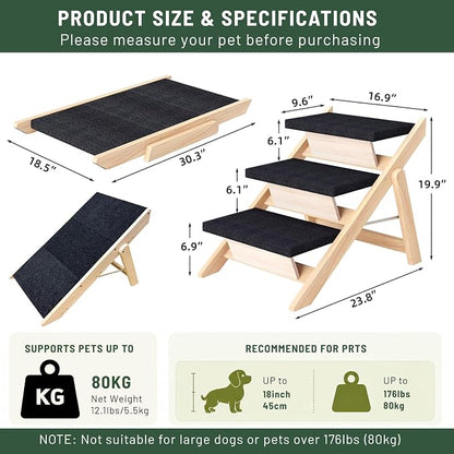 Dog Stairs/Ramp for Bed, Wooden 2-in-1 Foldable Pet Stairs & Ramp, Portable Dog Ladder Up to 180 Pound for Elderly/Short-Legged Dogs, 3 Steps for Beds, Couch