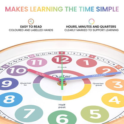 Oyster&Pop Kids Clock - Silent 10" Pastel Analog Learning Wall Clock - Award-Winning Telling Time Teaching Clock for Kids - Bedrooms Homeschool & Classrooms - Includes eBook