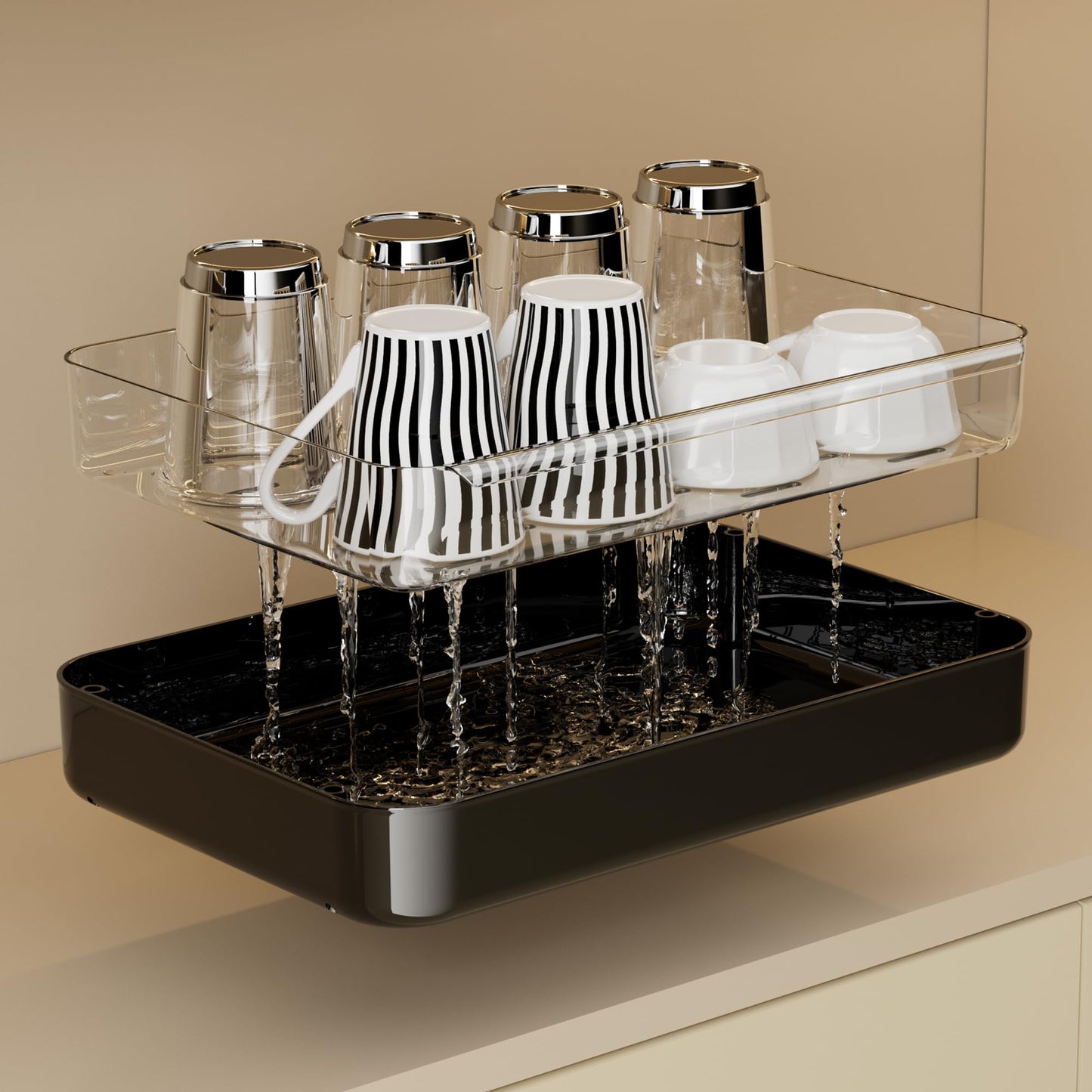 UFORU Countertop Coffee Station Organizer, 2 Tier Wine Glass Holder, Mug Display Shelf with Removable Drain Tray, Spice & condiment Rack for Kitchen, Bathroom Countertop Organizer, Black
