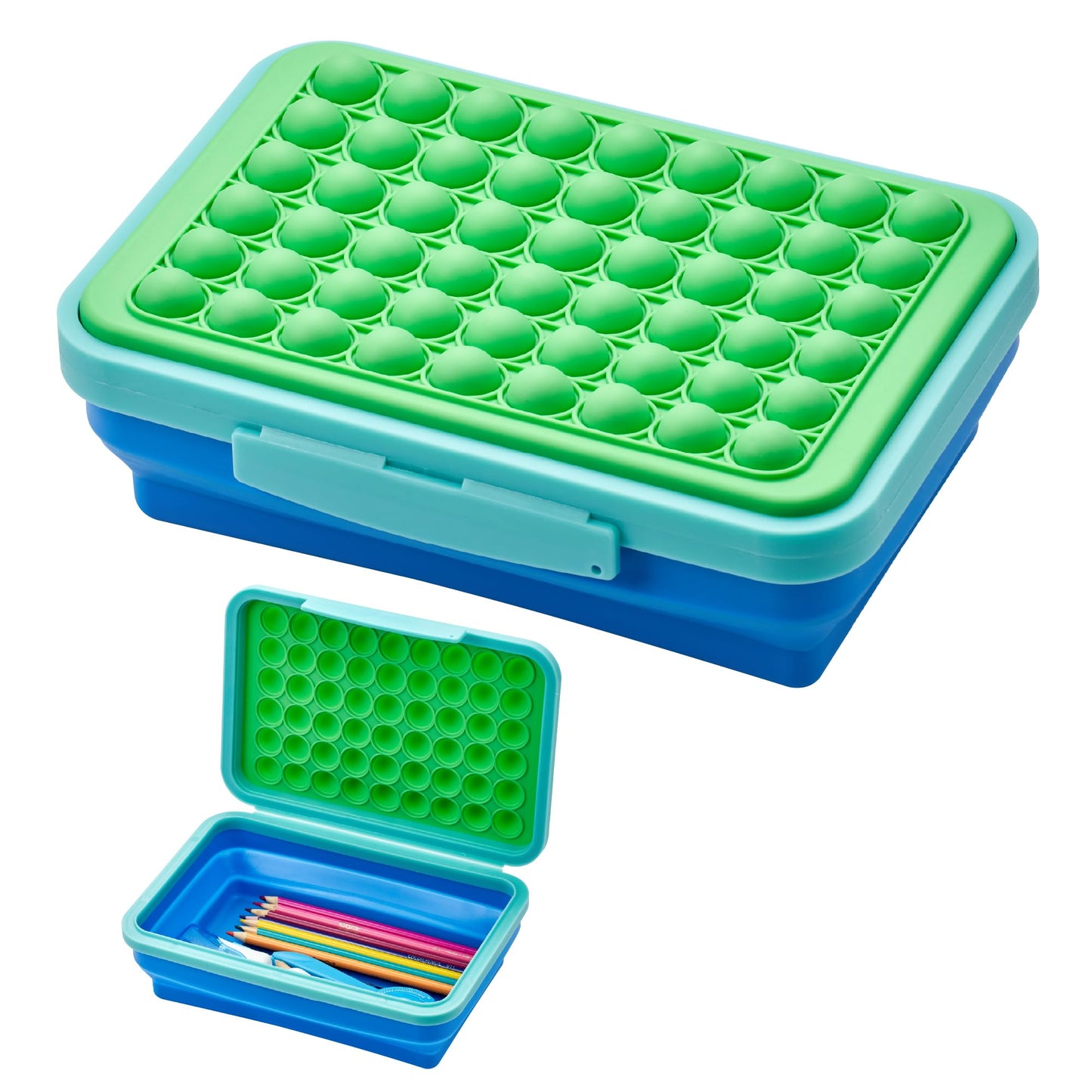 LockerMate by Bostitch Expandable Pencil Box with Pop-It Top Collapsible Pencil Case for Craft and School Supplies, Green/Blue