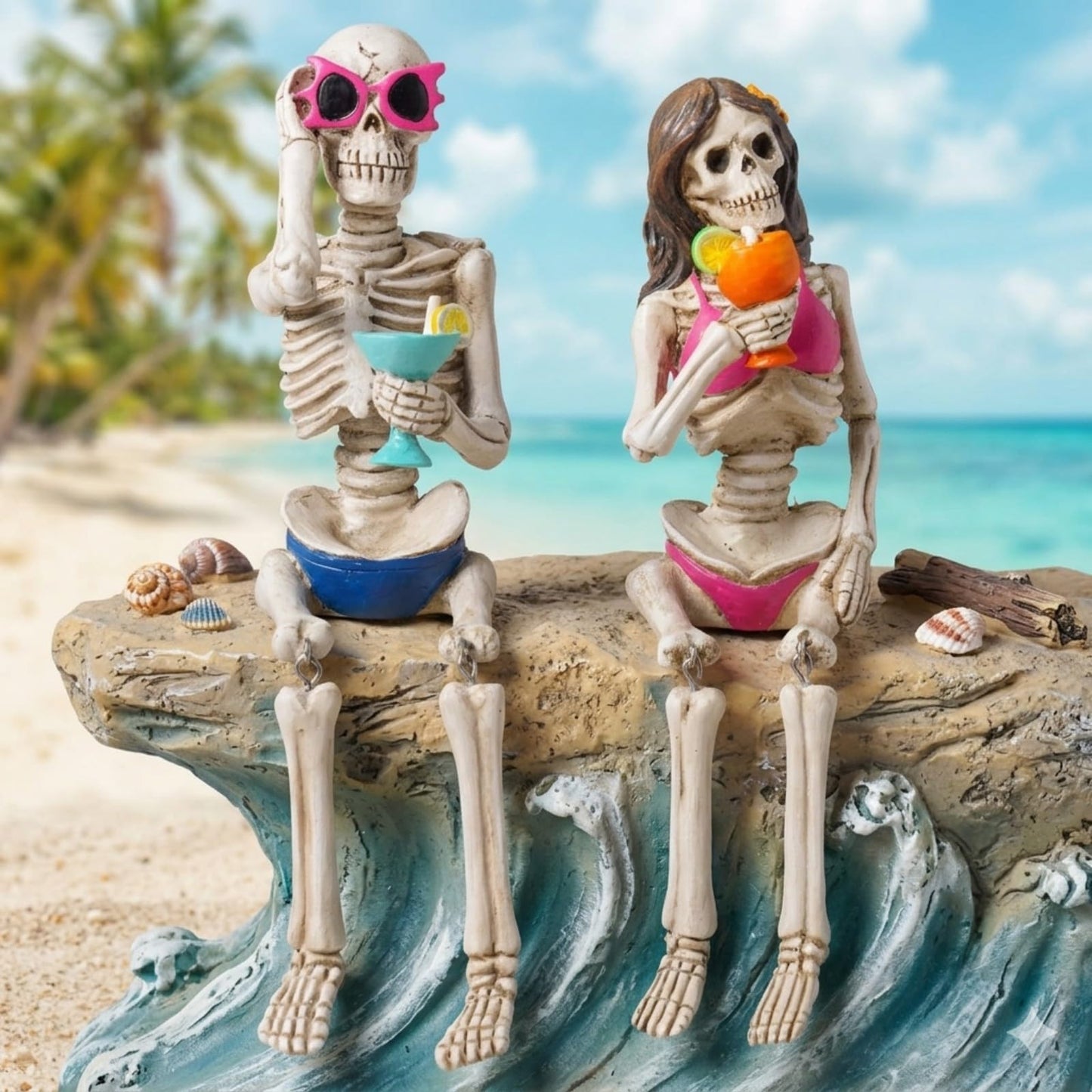Summer Decorations Halloween Skeleton Statue - Collectible Figurines Summerween Couple with Dangling Leg Bikini Sunglass 7.5H in Perfect for Coastal Tropical Ocean Beach Pool Decor Newman House Studio