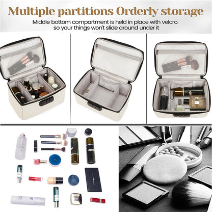 KaAutoler Portable makeup box with Lock, Large Capacity Travel Makeup Case Organizer, Makeup Bags for Girls Traveling With Handle and Divider Makeup Bag (off-white)