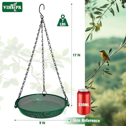 Hanging Bird Feeder for Outdoors – 9 in Metal Mesh Bird Feeder Tray Platform for Small Wild Birds, Green