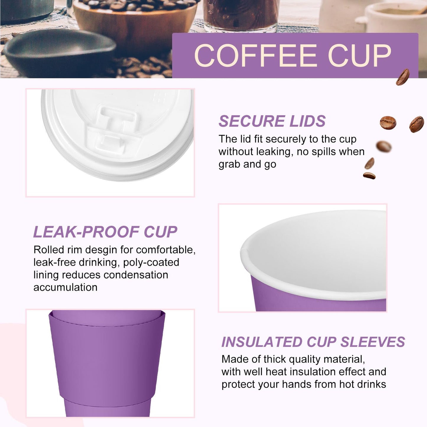 Patelai 48 Pcs 12 oz Disposable Coffee Cups with Lids and Sleeves Bulk, Insulated Hot Chocolate Paper Cup for Hot and Cold Beverage Water Juice Cocoa Tea Party Restaurants Travel Supplies (Purple)