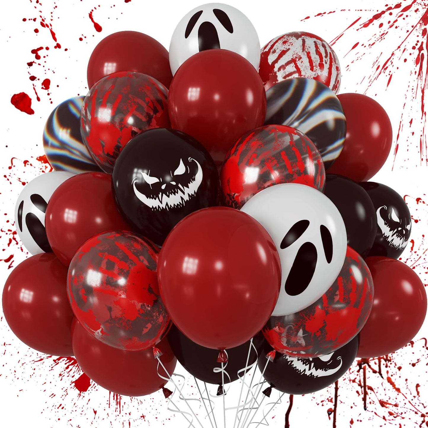 Halloween Bloody Balloons 12 Inch 51 Pcs Red and Black Scary Balloons with Ghost Expression Print Balloon Crimson Vivid Red Blood Hand Marble Balloon for Spooky Haunted House Scream Creepy Decor