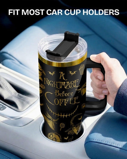 34HD Nightmare Before Coffee Tumbler 40oz with Handle and Straw, Laser Engraved Skeleton Insulated Travel Coffee Cup - Cartoon Character Gifts on Birthday for Cafe Lovers, Men & Women