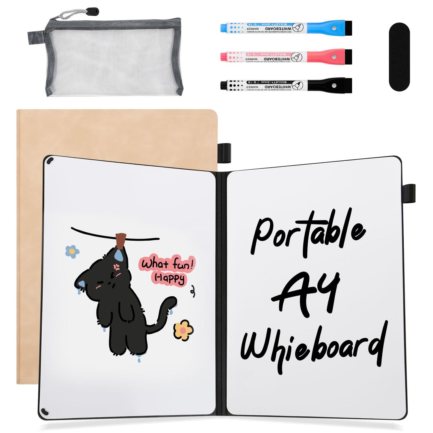 AGM Portable White Board Dry Erase Notebook, 12" x 9" Double Sided Folding Whiteboards with 3 Pens, Small Travel Dry Erase Board Skin-Friendly Material for Study, Meeting, Planning, Tuscan