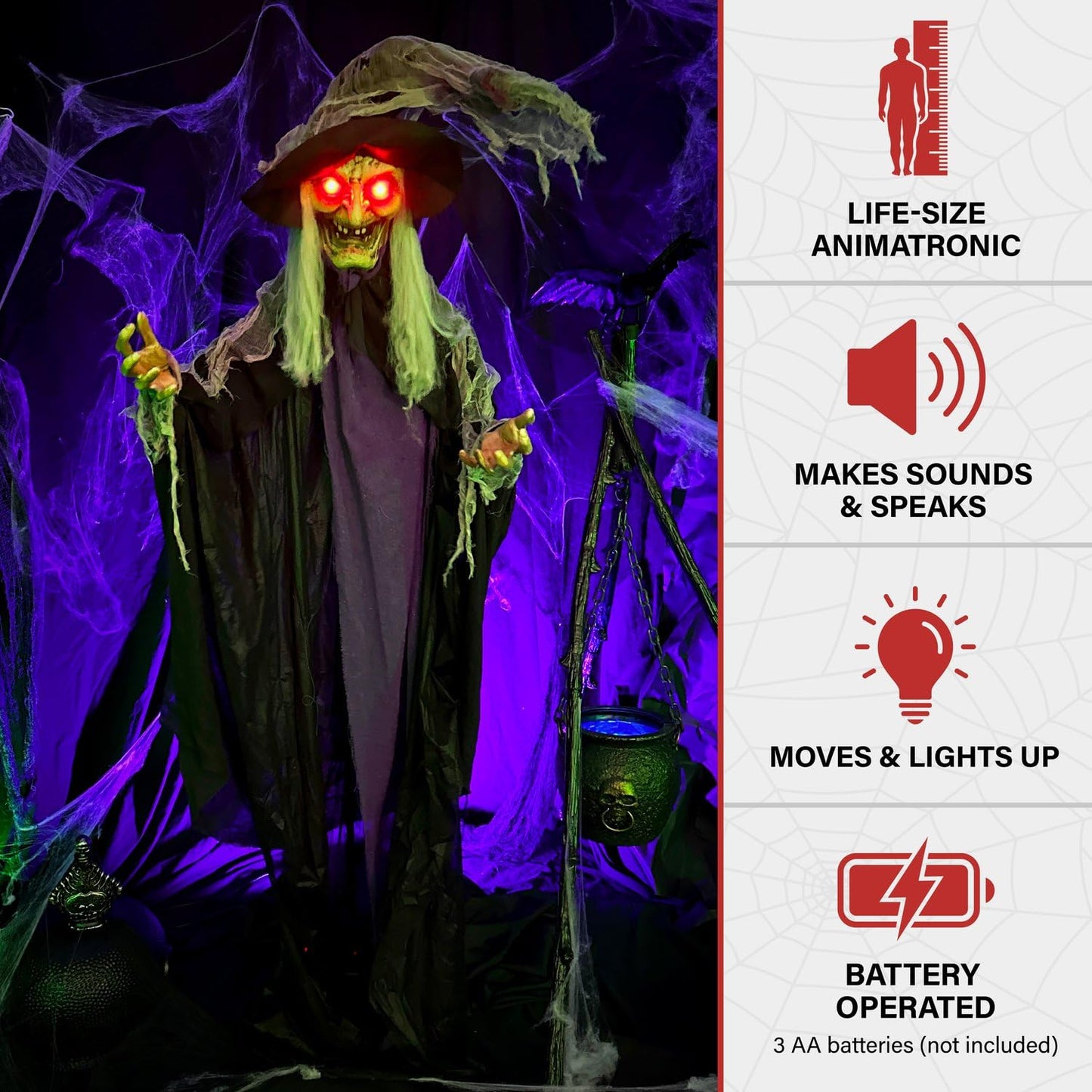 Haunted Hill Farm Life-Size Poseable Scary Talking Witch, Halloween Animatronic with Touch Activated Lights and Sound, Battery Operated Indoor or Covered Outdoor Halloween Decorations, Fright Props