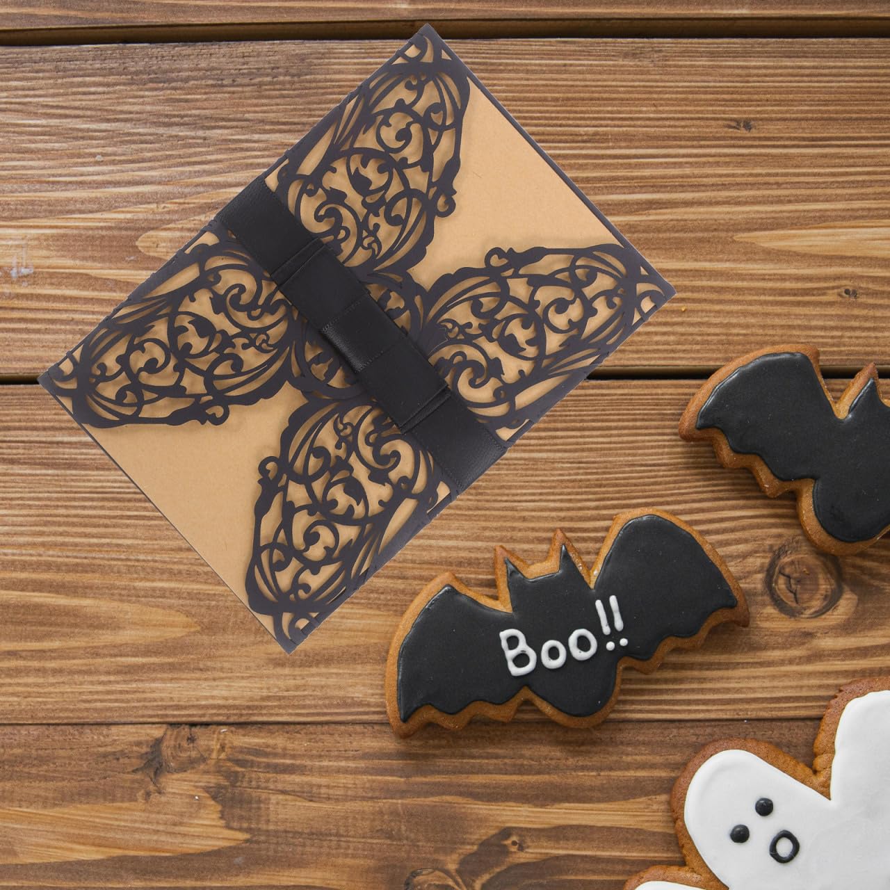 STOBOK Halloween Party Invitations - 10pcs Laser Cut Invitation Cards with Envelopes and Bowknots - Black Hollow Card Kits for Horror Party Supplies Weddings Baby Showers Event Celebrations 7.1x4.9in